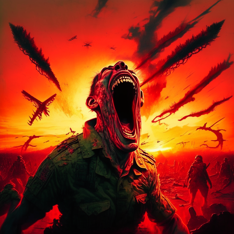 militar screaming, alot of blood ,organs, demons, sunset