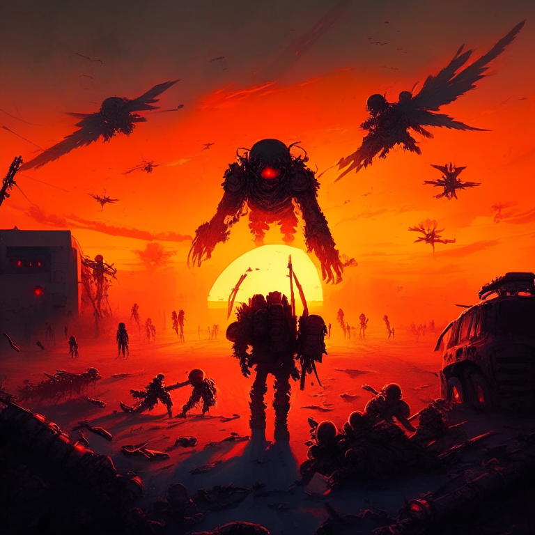 The beauty of militarism in action: Lots of blood, organs, and demons, with a sunset in the background, and dead kids on the floor. The beauty in violence