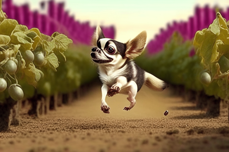 a Chihuahua stomping grapes in a vineyard