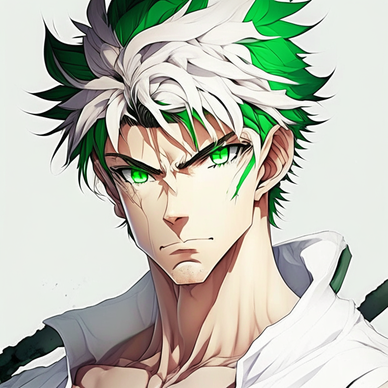 Handsome anime  hammer man, with white colour and green eyes 