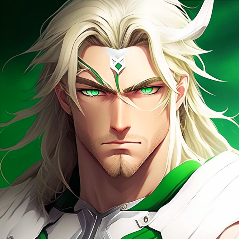 Handsome anime Thor, with white colour and green eyes 