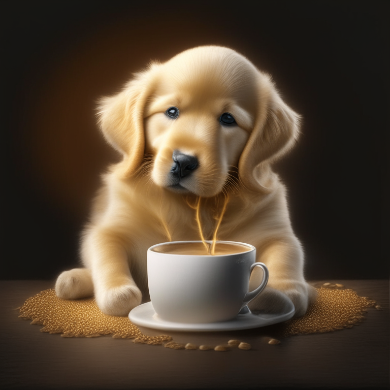 A Golden Retriever puppy drinking a latte with heart-shaped art, 4k