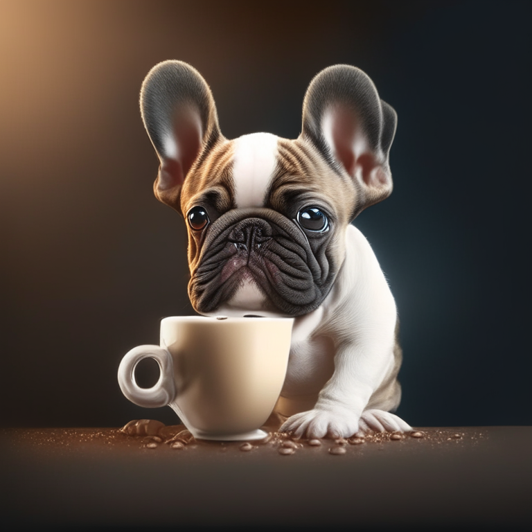 A French Bulldog puppy drinking a latte with heart-shaped art, 4k