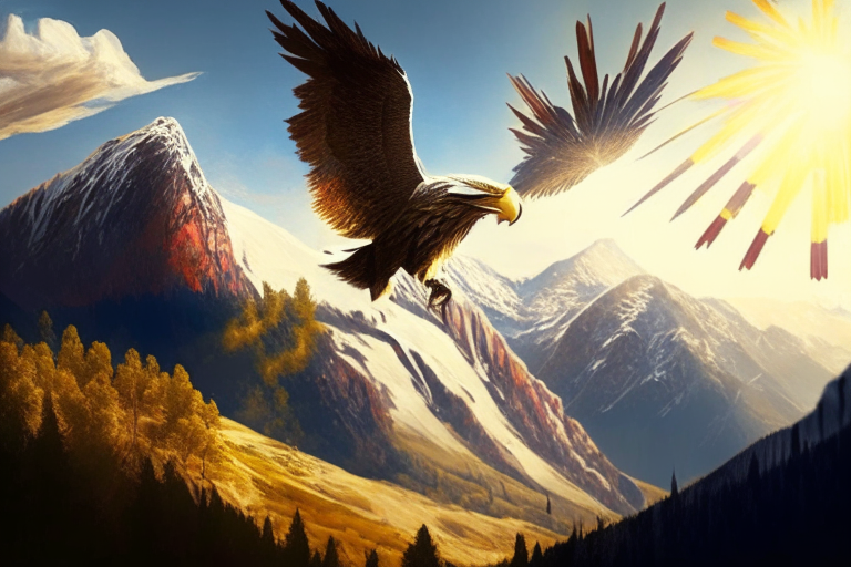 there is a winery against the background of the mountains, the sun is shining in the sky and an eagle is flying