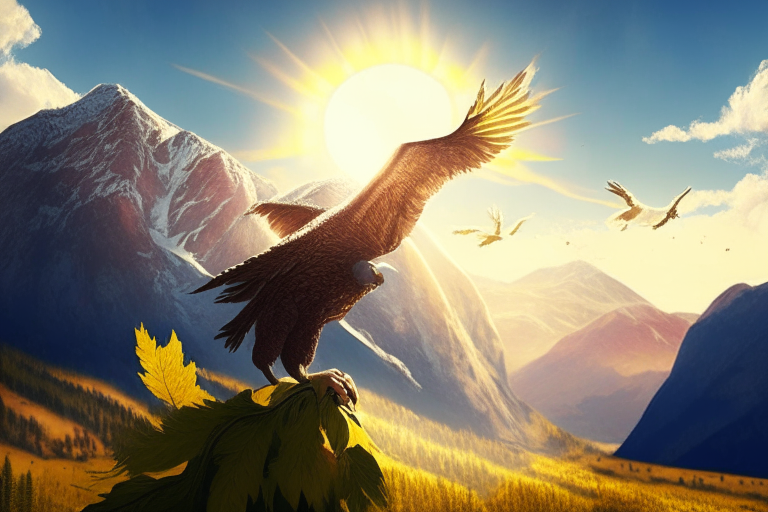 there is a winery against the background of the mountains, the sun is shining in the sky and an eagle is flying