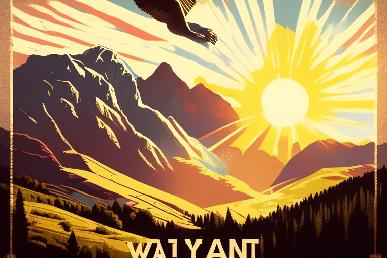 in the retro poster style, there is a winery in the valley against the background of mountains, the sun is shining in the sky and an eagle is flying