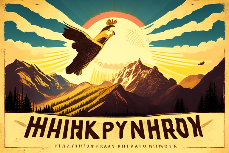 in the retro poster style, there is a winery against the background of mountains in the valley, the sun is shining in the sky and an eagle is flying, in the foreground there is an inscription in hieroglyphs "中亚风情名酒店"