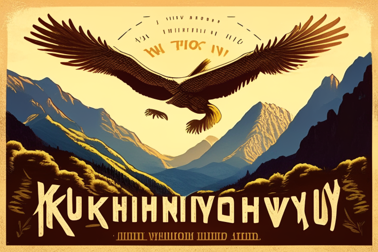 in the retro poster style, there is a winery against the background of mountains in the valley, the sun is shining in the sky and an eagle is flying, in the foreground there is an inscription in hieroglyphs "中亚风情名酒店"