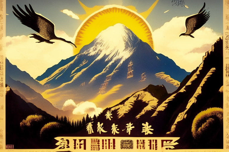 in the style of a retro poster, in the center of the picture in the foreground there is an inscription in hieroglyphs "中亚风情名酒店", against the background of mountains in the valley there is a winery in the sky the sun is shining and an eagle is flying,