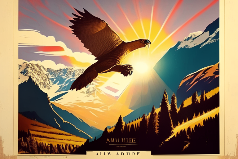 in the retro poster style, there is a winery in the valley against the background of the Alps, the sun is shining in the sky and an eagle is flying,