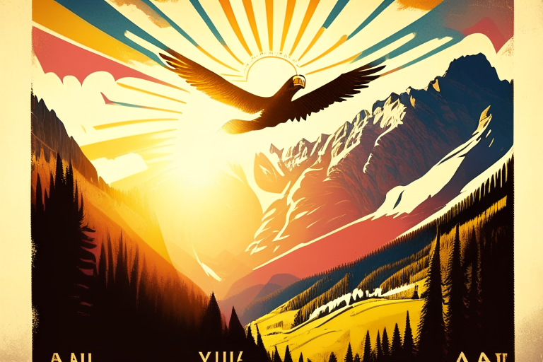 in the retro poster style, there is a winery in the valley against the background of the Alps, the sun is shining in the sky and an eagle is flying,