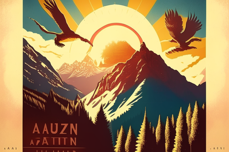 in the retro poster style, there is a winery in the valley against the background of the Alps, the sun is shining in the sky and an eagle is flying,