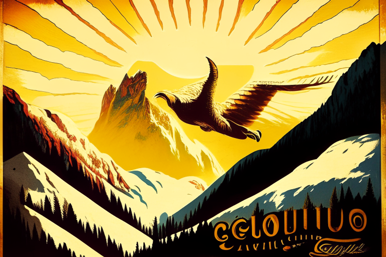 in the retro style of Leonetto Cappiello's poster, a winery stands against the background of the Alps in the valley, the sun is shining in the sky and an eagle is flying,