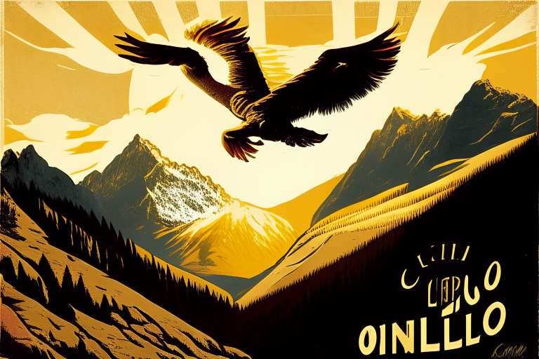 in the retro style of Leonetto Cappiello's poster, a winery stands against the background of the Alps in the valley, the sun is shining in the sky and an eagle is flying,