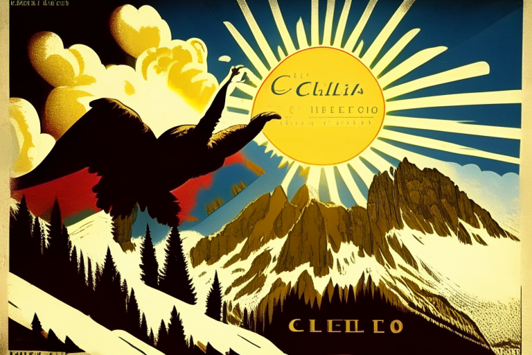 in the retro style of Leonetto Cappiello's poster, against the background of the Alps in the valley there is a winery in the sky the sun is shining and an eagle is flying, clear without ugliness