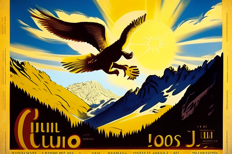 in the retro style of Leonetto Cappiello's poster, against the background of the Alps in the valley there is a winery in the sky the sun is shining and an eagle is flying, clear without ugliness