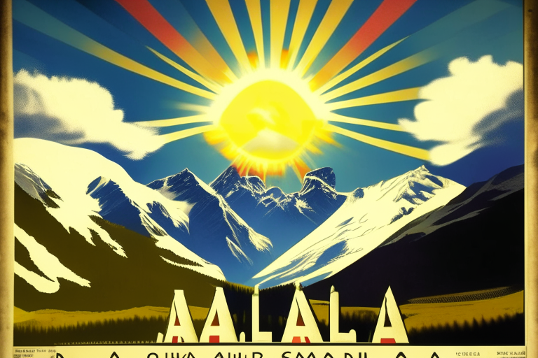 in the retro style of the Adolf Cassandra poster, against the background of the Alps in the valley there is a winery in the sky the sun is shining, clear without ugliness