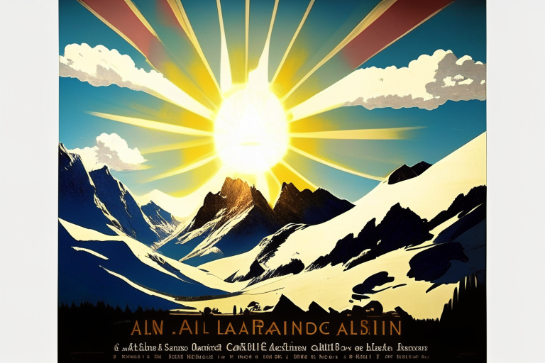 in the style of the Adolf Cassandra poster, against the background of the Alps in the valley there is a winery in the sky the sun is shining, clear without ugliness