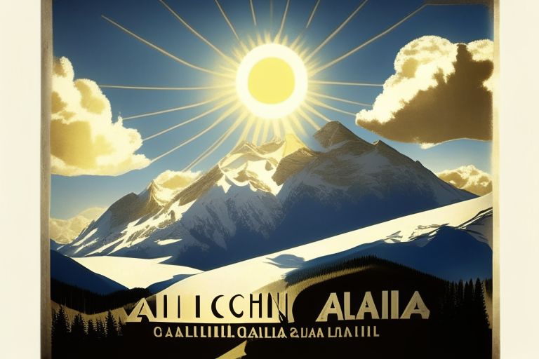in the style of the Adolf Cassandra poster, against the background of the Alps in the valley there is a winery in the sky the sun is shining, clear without ugliness