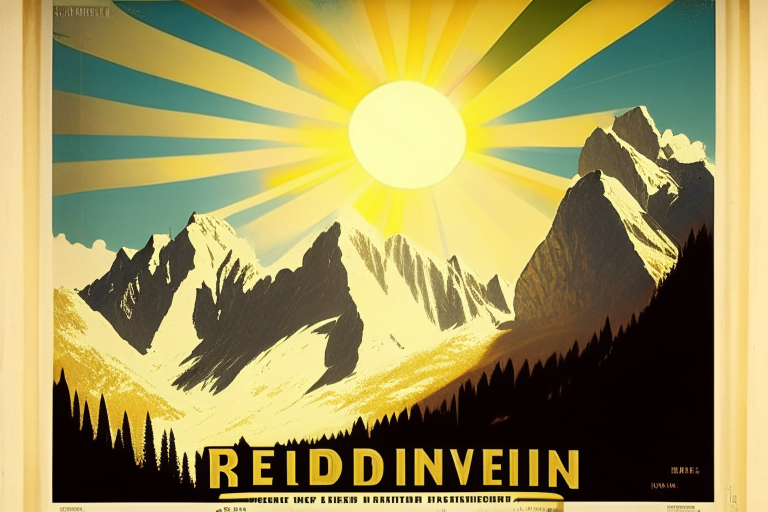 in the retro style of the Reynold Brown poster, against the background of the Alps in the valley there is a winery in the sky the sun is shining, clear without ugliness