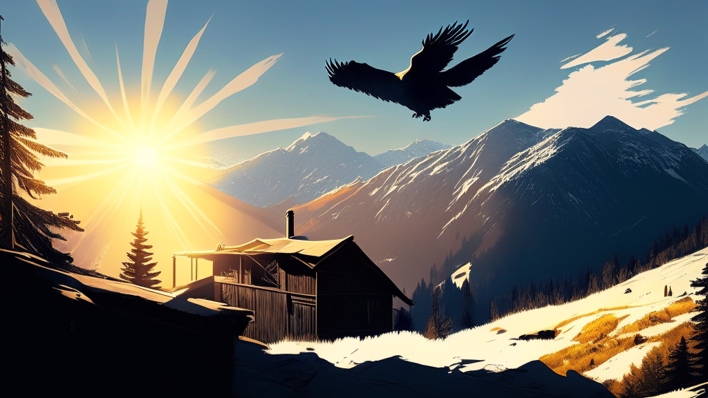 on the slope of a chalet in the Alps, a small town is visible in the valley below, the sun is shining in the sky, the silhouette of an eagle is visible in the sky
