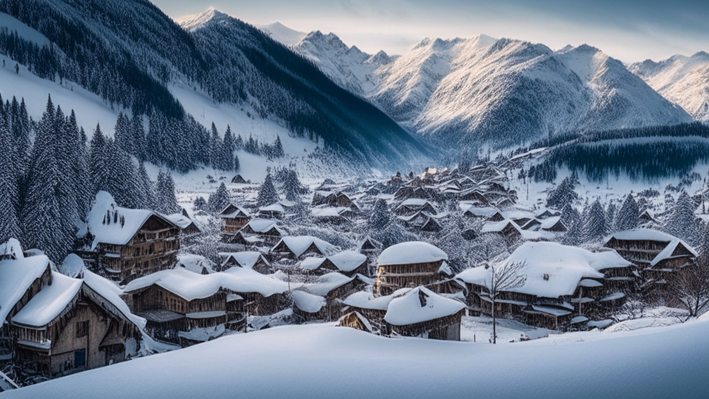 a winter wonderland in the Alps with a small town in the valley below