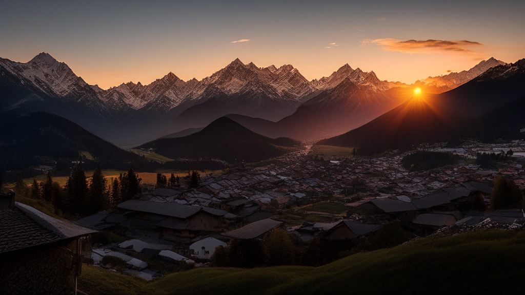 a sunset in the Alps with a small town in the valley below