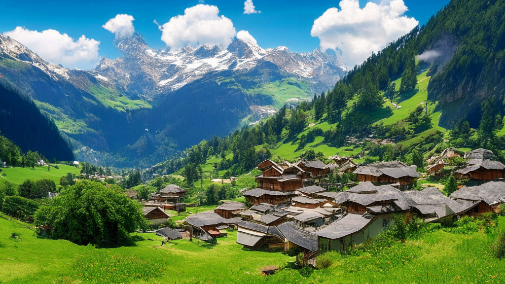 a summer day in the Alps with a small town in the valley below