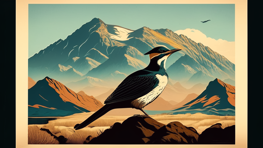 a retro poster of a bird in a natural landscape with a mountain range and a beak in the foreground