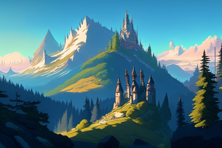 ghibli anime style Kremenets dawn city scape, a mountain with forest and castle to the right