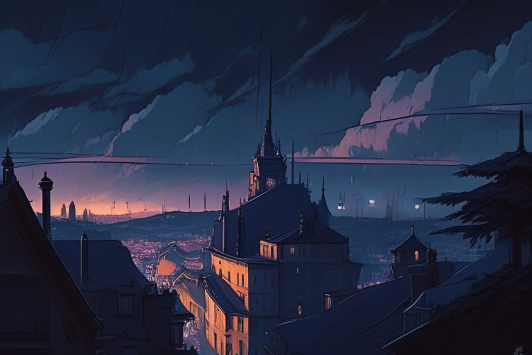 dark sky, dawn, ghibli anime style Kremenets city scape