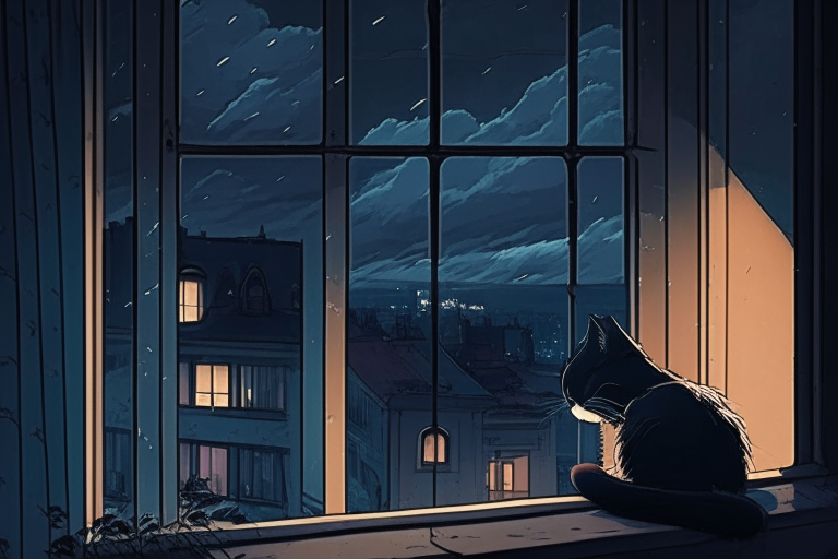 dark sky, dawn, ghibli anime style Kremenets city scape in the window, sleeping cat at front