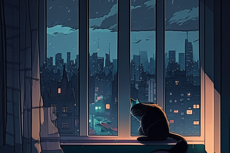 dark sky, dawn, ghibli anime style NYC city scape in the window, sleeping cat at front