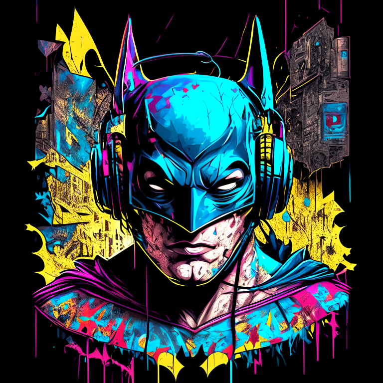 centered, isometric, vector t-shirt art ready to print highly detailed colourful graffiti illustration of Batman, wearing headphones, face is covered by highly detailed damaged Batman mask, vibrant color, high detail