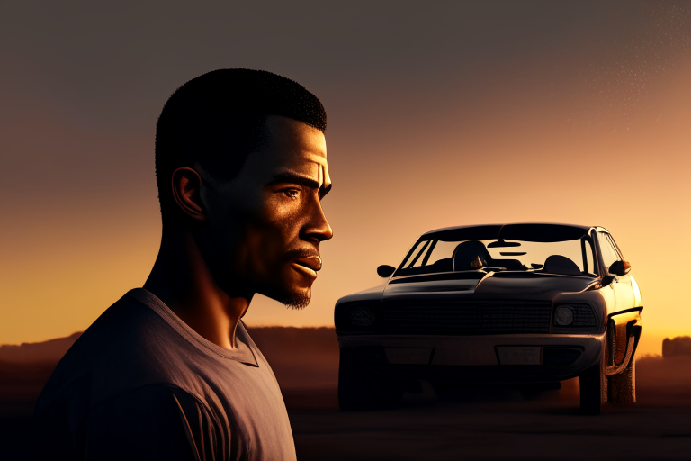 a father and son standing next to a Mustang, talking about the car's engine and performance, with a sunset in the background, 8k, realistic style