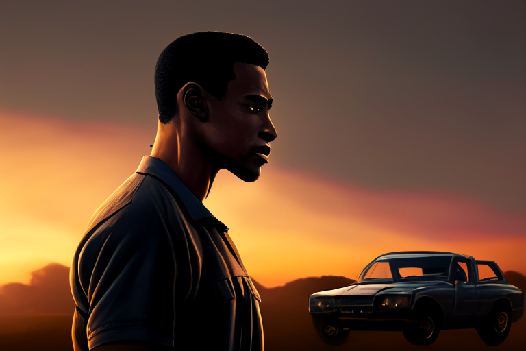 a father and son standing next to a Mustang, talking about the car's engine and performance, with a sunset in the background, 8k, realistic style