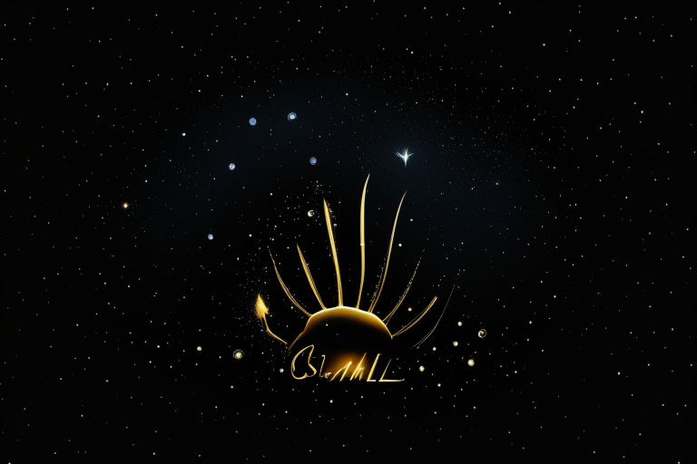 a shell logo on a black background with a starry sky