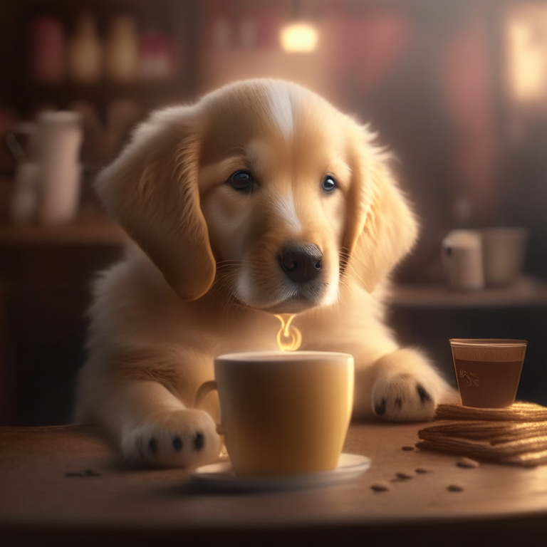 a golden retriever puppy drinking a latte with heart-shaped art, cozy atmosphere, 4k