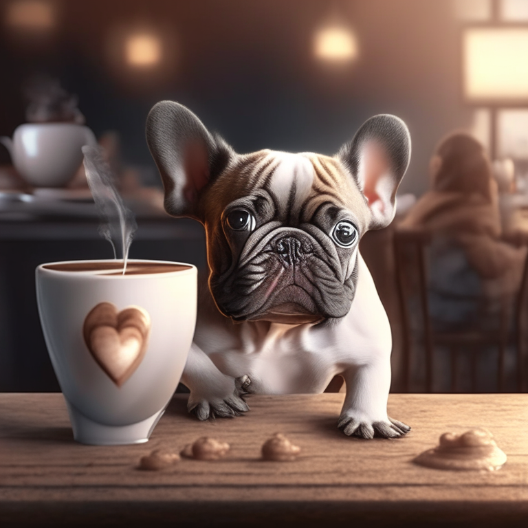 a French bulldog puppy drinking a latte with heart-shaped art, modern cafe, 4k