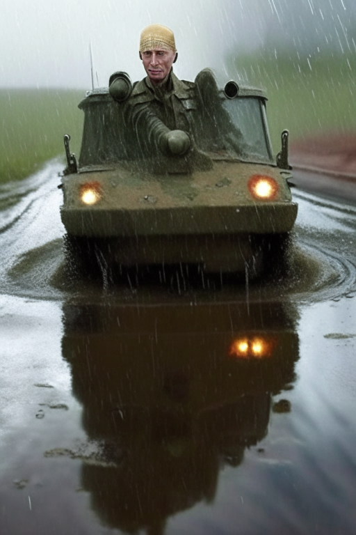 Putin rides a rusty tank on a road with puddles, it's raining