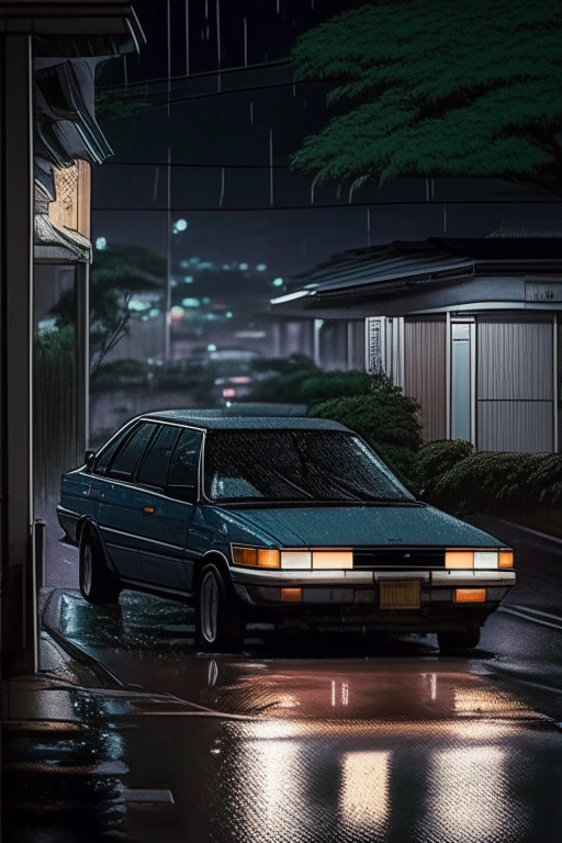 A Japanese sedan of the 80s is walking along a suburban street at night, it's raining