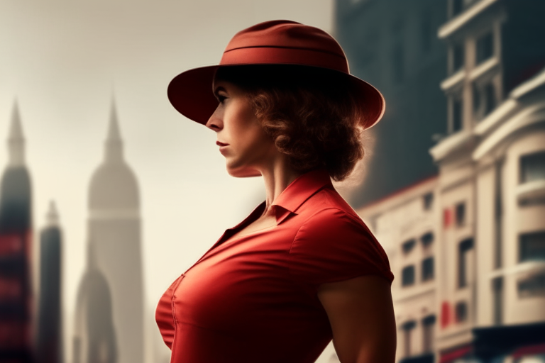 a woman with a red dress and a hat standing in front of a cityscape