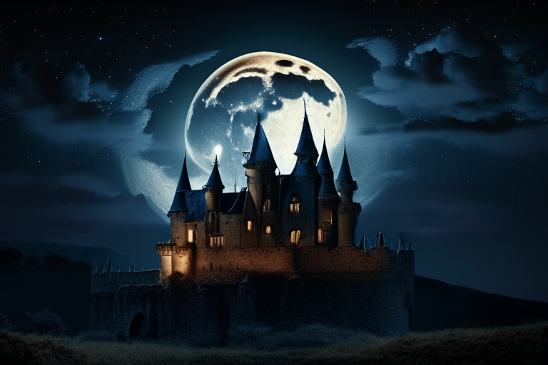 a castle at night with a full moon in the background
