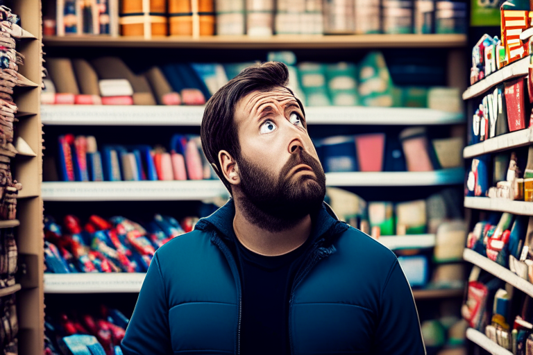 a man standing in front of a store shelf filled with various gift options, looking confused and unsure of what to choose