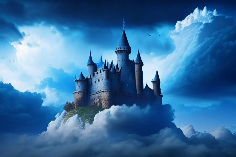 a medieval castle flying in the blue sky with storm clouds, majestic, surreal, 4k