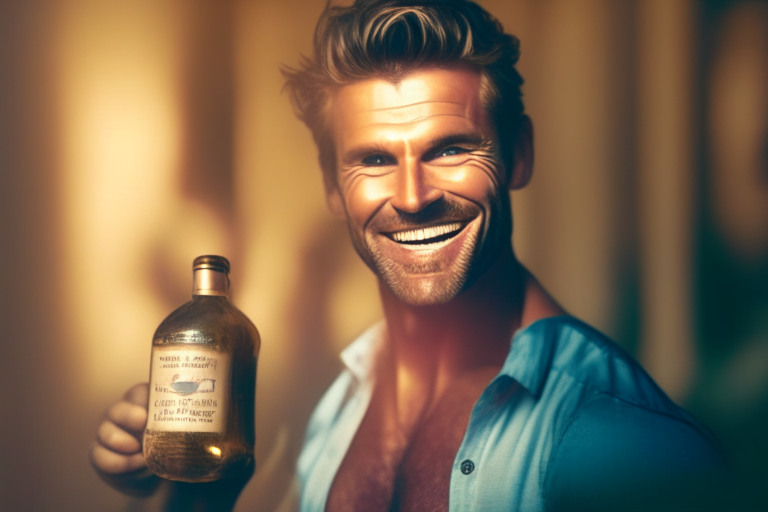 a man holding a bottle of the promoted alcohol, smiling and looking at the camera, with a blurred background