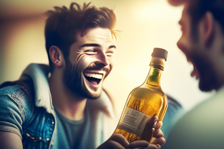 a man giving a bottle of the promoted alcohol to his friend, who looks surprised and happy, with a blurred background