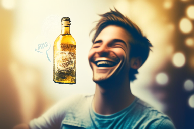 a friend holding the bottle of the promoted alcohol and smiling, with a thought bubble above his head, and a blurred background