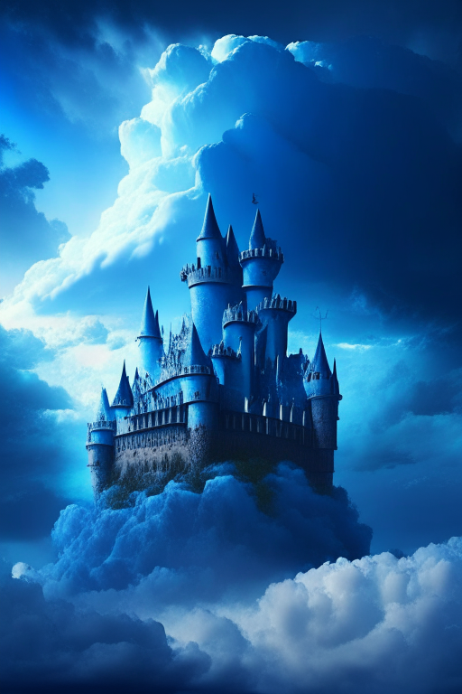 a castle in the blue sky with storm clouds, majestic, surreal, 4k