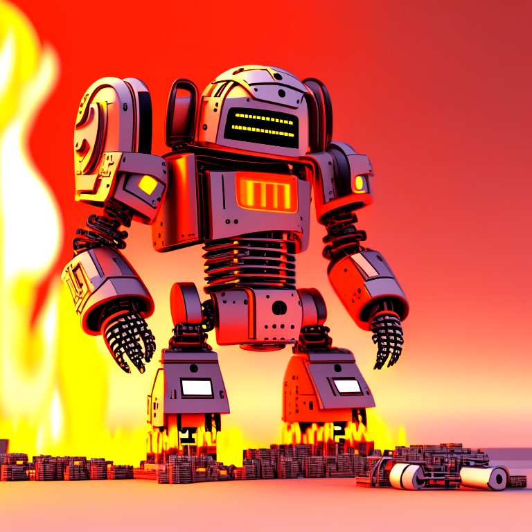 Mecánico robótico, con fondo de fuego, armamento, futurista apocaliptico 